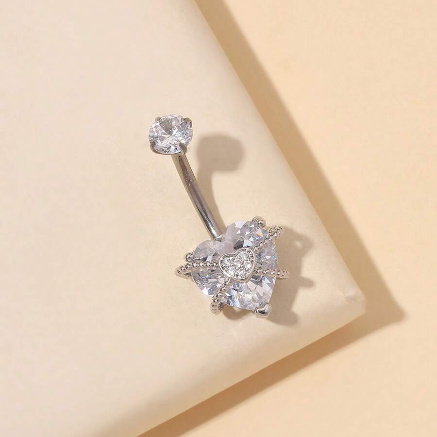1pc Fashionable Titanium Bar Heart Shaped Navel Ring, Suitable For Daily Wear - Silver - View 1