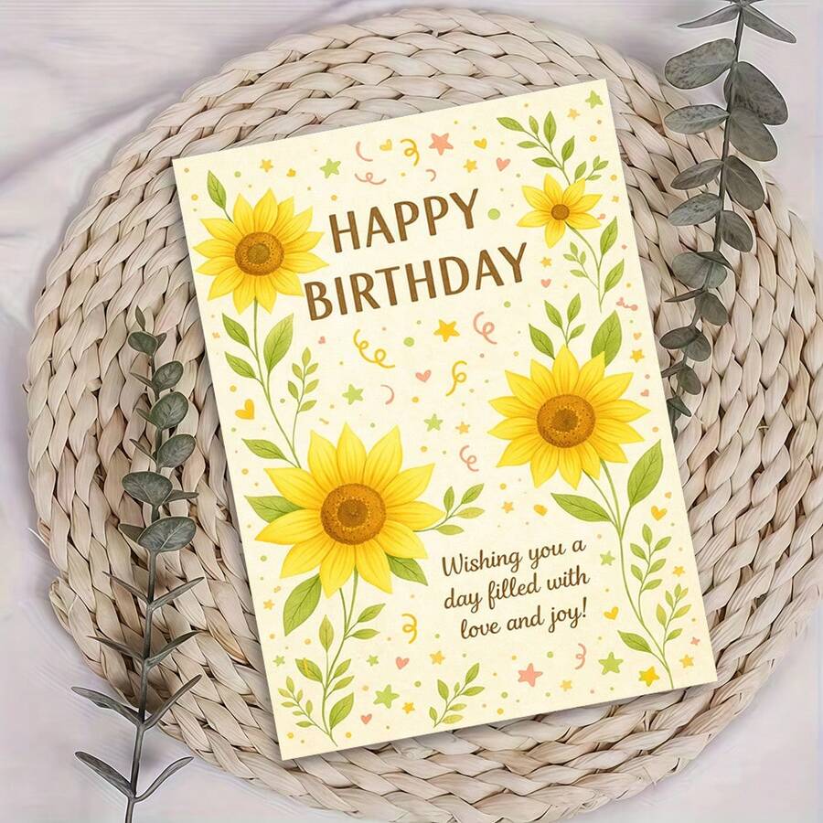 1pc Sunflower Birthday Card – 'Happy Birthday, Wishing You A Day Filled With Love And Joy' – Cheerful Sunflower Illustration – Includes Envelope – Perfect Heartfelt Gift For Celebrating Birthdays With Warmth & Positivity - Single Piece - View 1