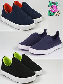 Kit Of 3 Pairs Of Children's Tennis Shoes For Boys, Easy To Wear, Lightweight, Comfortable And Soft For School - 彩色 - 查看 1