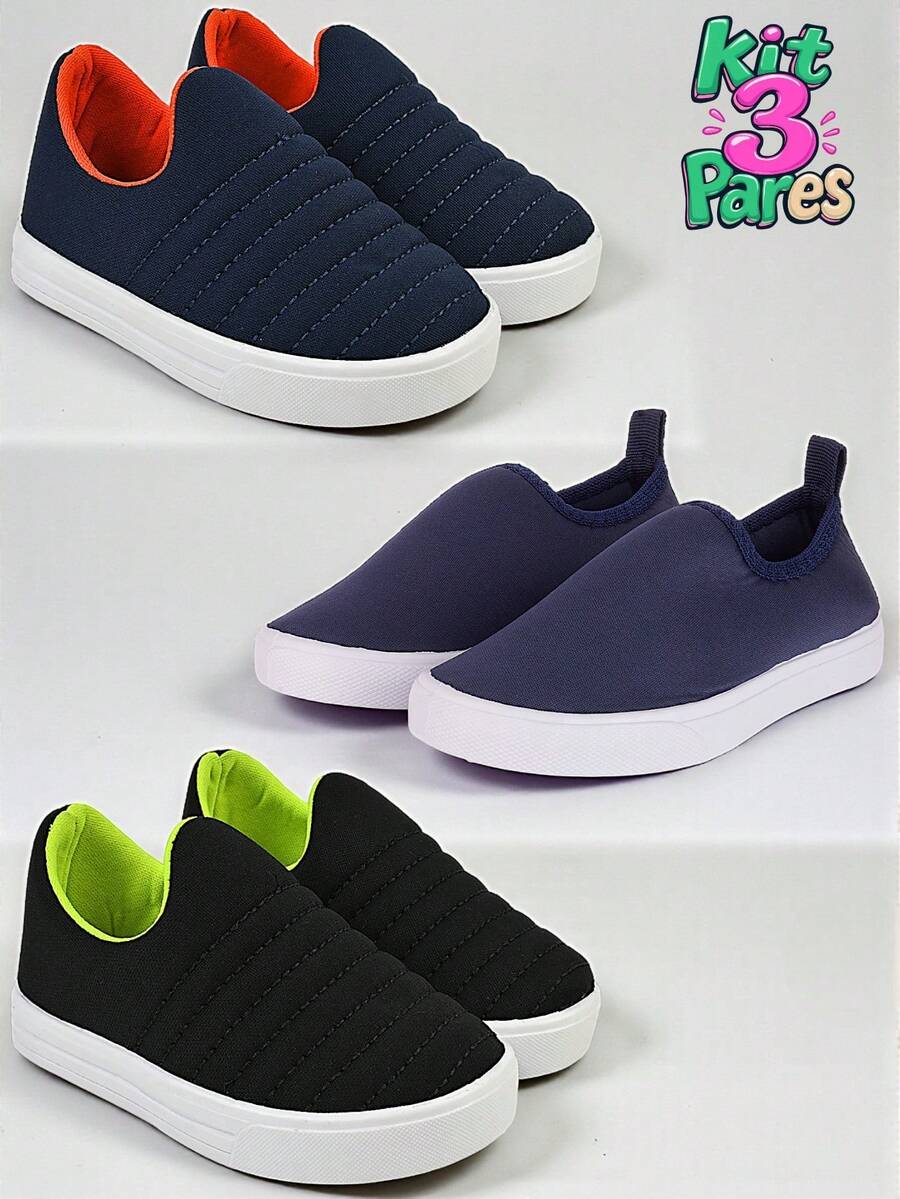 Kit Of 3 Pairs Of Children's Tennis Shoes For Boys, Easy To Wear, Lightweight, Comfortable And Soft For School - 彩色 - 查看 1