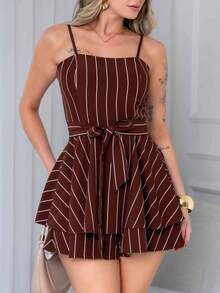 Basic Printed Romper With Padded Cups Duna Premium Sizes P, M, G, And GG - Chocolate Brown Chalk Stripe - View 2