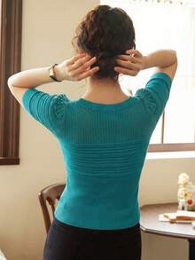 Knit Mix Elegant Women's French Retro Style Knitted Puff Sleeve Top, Spring/Summer Round Neck Fitted T-Shirt Simple Retro Vintage Style Random Pattern Fall - Lake Blue - View 2