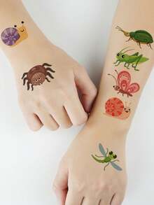 12 Sheets (142 Insect Patterns) Temporary Tattoo Stickers, Waterproof Fun Art Puzzle Cartoon Stickers, Bee Ant Snail Ladybug Element Patterns, Suitable As Birthday Party Gifts - Multicolor - View 7