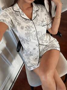 Women's Cartoon Rabbit Print Lapel Top And Shorts Pajama Set, Suitable For All Seasons With Buttons, Casual Loungewear - Pink - View 1