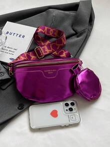 Set de 2 piezas de bolso de cintura con monedero, tela de PU, ligero, bolso pequeño versátil con patrón de moda - Rosa Fucsia - Ver 3