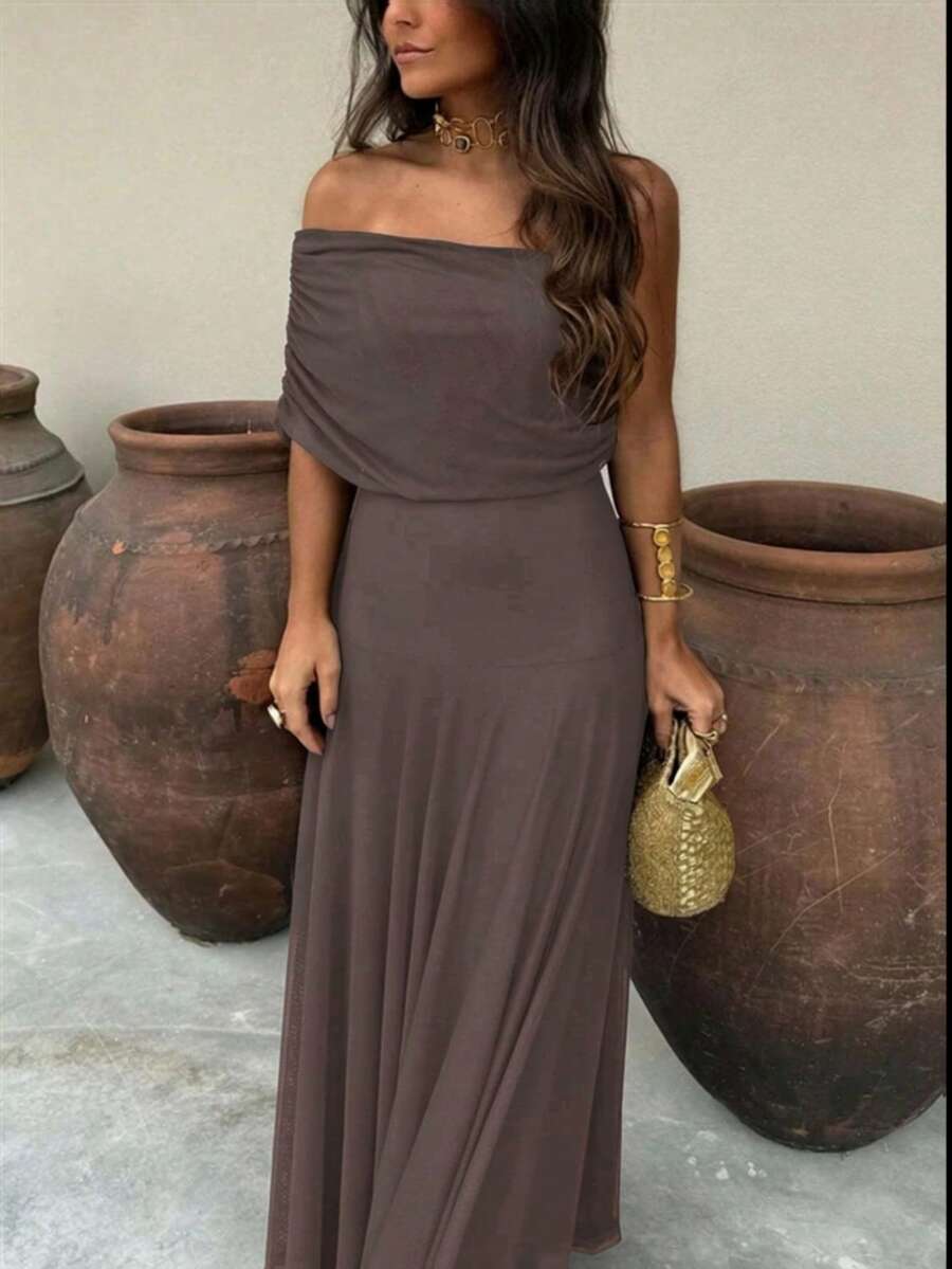Transparent Mesh Splice Open Shoulder Elegant Maxi Dress, Women's Spring/Summer Wedding Guest Holiday Outfit Party - Coffee Brown - View 1
