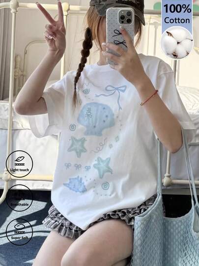韩版甜美贝壳印花短袖T恤，女式宽松休闲浅蓝色夏季上衣 白色