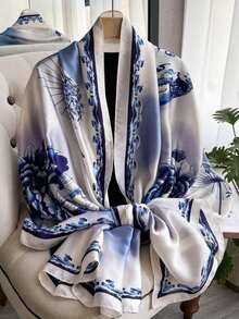 1pc Blue & White Floral Print Faux Silk Scarf, Fashion Versatile Shawl, Suitable For Spring/Summer, Travel & Photography - Blue - View 6