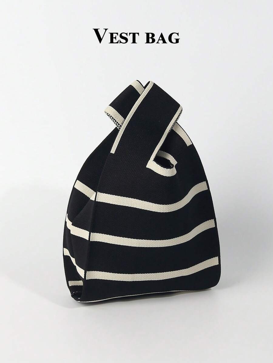 Tas Tangan Mini Ringan Lipat Lucu Berwarna Biru Resin Berongga Bernapas Rajutan Kontras Warna, Cocok Untuk Liburan, Pemotretan Foto, Sekolah Untuk Siswa Perempuan - Hitam dan Putih - View 1