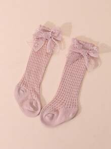 1 Pair Baby Girls' Sweet Cute Lace Bow Decor Cotton Mesh High Socks, Spring/Summer - Pink - View 4
