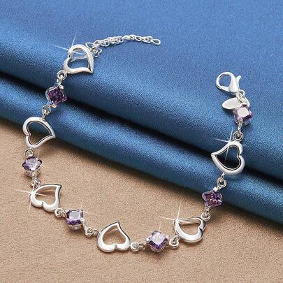 Pulseras de plata de ley chapada en plata con circonita púrpura brillante en forma de corazón para mujeres, accesorios simples y versátiles, regalo perfecto para el Día de San Valentín/Bodas/Festivales de música
