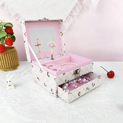1pc White Cherry Shaped Music Box With Lock, Paper Storage Box For Stationery, Toys, Suitable For Bedroom Decor, Jewelry Box, Living Room Home Decor, Great Gift For Women's Day, Mother's Day, Valentine's Day, Birthday, Wedding, Party
