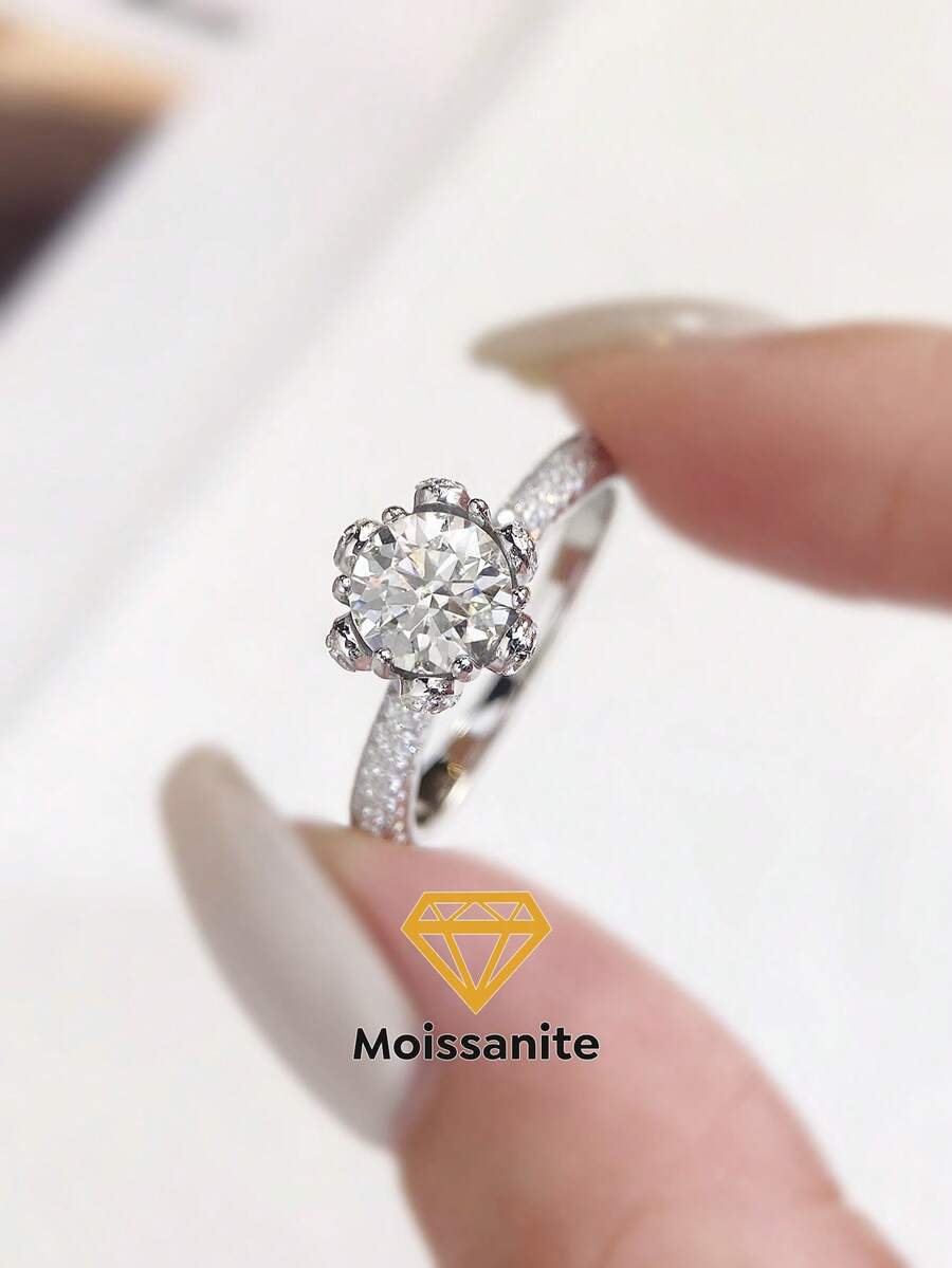 1枚精美1.0克拉莫桑石花朵六爪戒指，925纯银，适合作为订婚礼物、送给妻子的礼物或新娘首饰。 - 銀色 - 查看 1