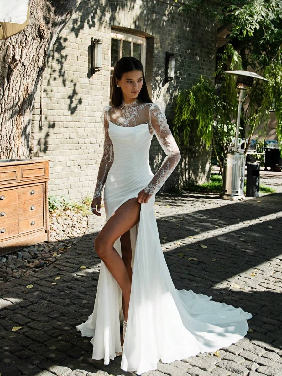 Exquisite High Neck Mermaid Wedding Dress With High Slit In Satin – Sophisticated Floor-Length Bridal Gown Featuring A Graceful Turtleneck Design, Daring Leg Reveal, And Figure-Hugging Mermaid Silhouette In Lustrous Satin, Perfect For Weddings, Christmas Galas, Halloween Balls, Formal Dances, Birthday Celebrations, And Special Evening Events. A Versatile Choice For Wedding Receptions, Holiday Parties, Anniversary Dinners, Luxury Getaways, Black-Tie Occasions, Cocktail Gatherings, Bridal Showers, Wedding Guest Attire, Graduation Formals, Homecoming Events, And As A Dramatic Bridesmaid Or Statement Evening Gown. - 白色 - 查看 1