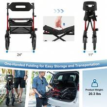 WALK MATE Walkers For Seniors, Rollator Walker With Seat, 12" Big Rubber Wheels All Terrain Rollator Walker With Backrest, Built-In Cable, Cup Holder, Foldable And Height Adjustment For Seniors, Red - View 11