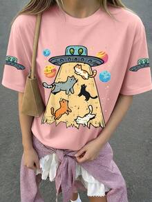 Girls' Airship & Cat Pattern, Planet Print Pullover, Round Neck Short Sleeve, New Spring/Summer Girls Clothing - Pink - View 1