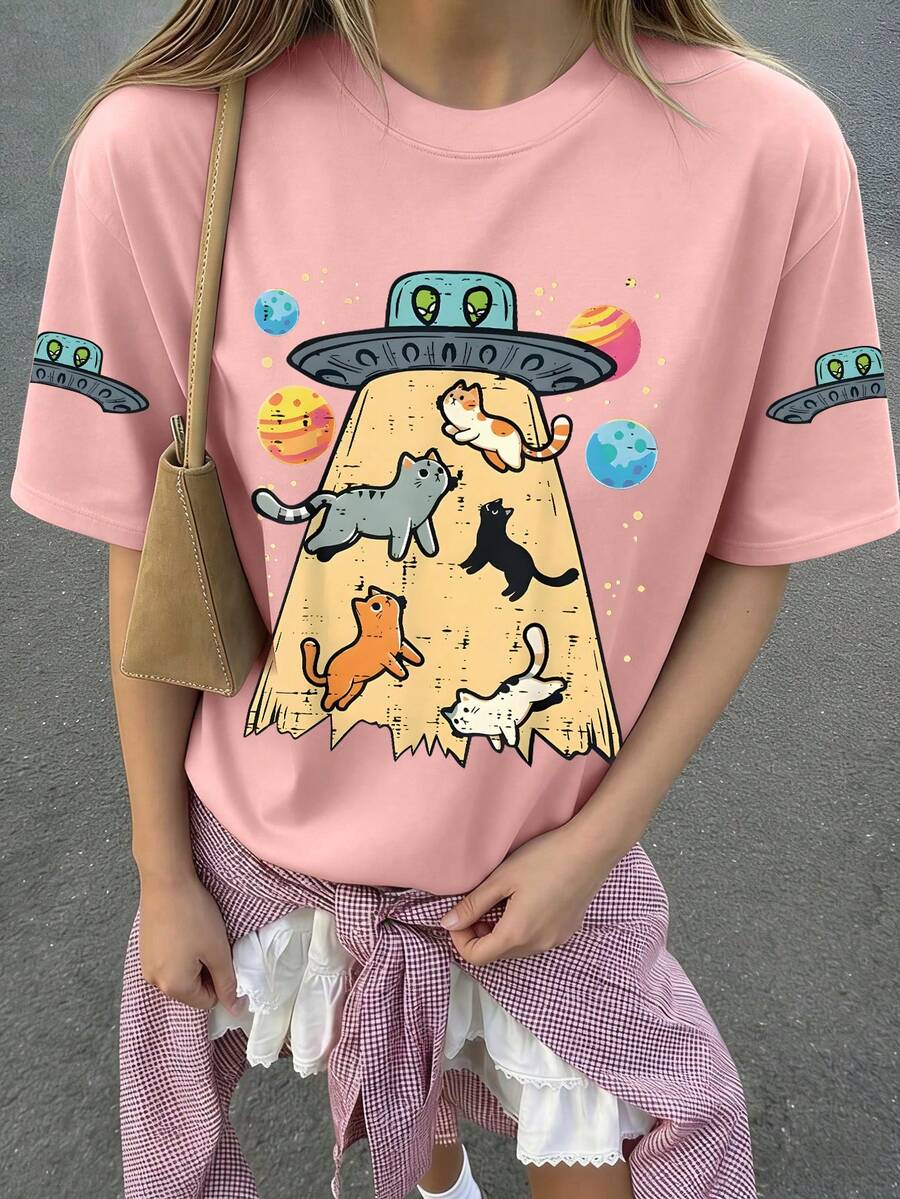 Girls' Airship & Cat Pattern, Planet Print Pullover, Round Neck Short Sleeve, New Spring/Summer Girls Clothing - Pink - View 1