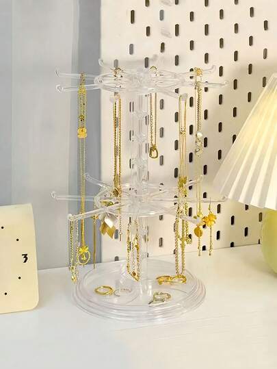 حامل عرض مجوهرات دوار ذو طبقتين لحلقات المفاتيح والشارات والقلائد والأساور والتعليقات، حامل مجوهرات متعدد الوظائف قابل للتعديل لتنظيم الأسطح المكتبية في غرفة النوم والحمام والمعيشة والمتجر، تخزين المجوهرات وديكور المنزل والمدرسة