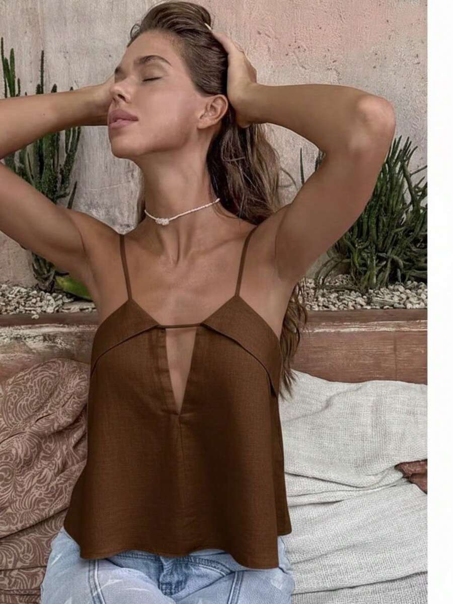Selena Women's Casual, Basic/Comfortable Versatile Blouse. Fabric: None. Cutout/Perfect. Suitable For: Night, Vacation, Daily, Summer/Autumn. - Rust Brown - View 1