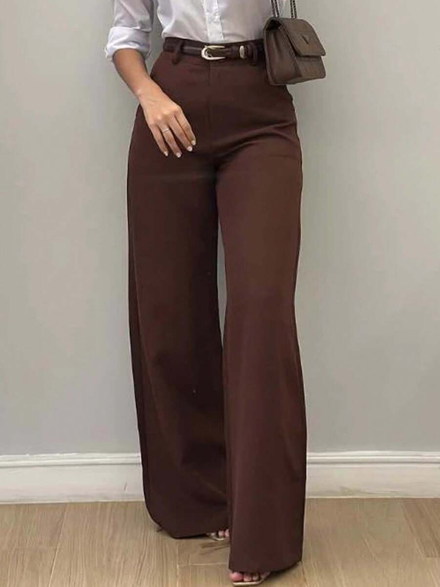 Women's Tailored Wide Leg Pants With Button And Zipper - Coffee Brown - View 1