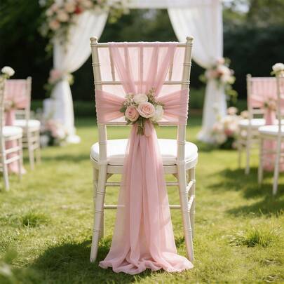 16pcs Romantic Chair Sashes Long Sheer Tulle Chair Bows Cover 20*275cm/7.8*108inch Wedding Aisle For Ceremony Decoration Banquet Church Party Dining Outdoor Decor