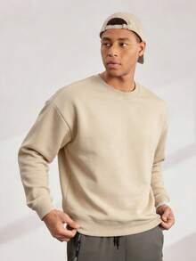 Driftmere Men's Casual Solid Color Crew Neck Sweatshirt, Spring And Autumn, Long Sleeve Top - Coffee Brown - View 1