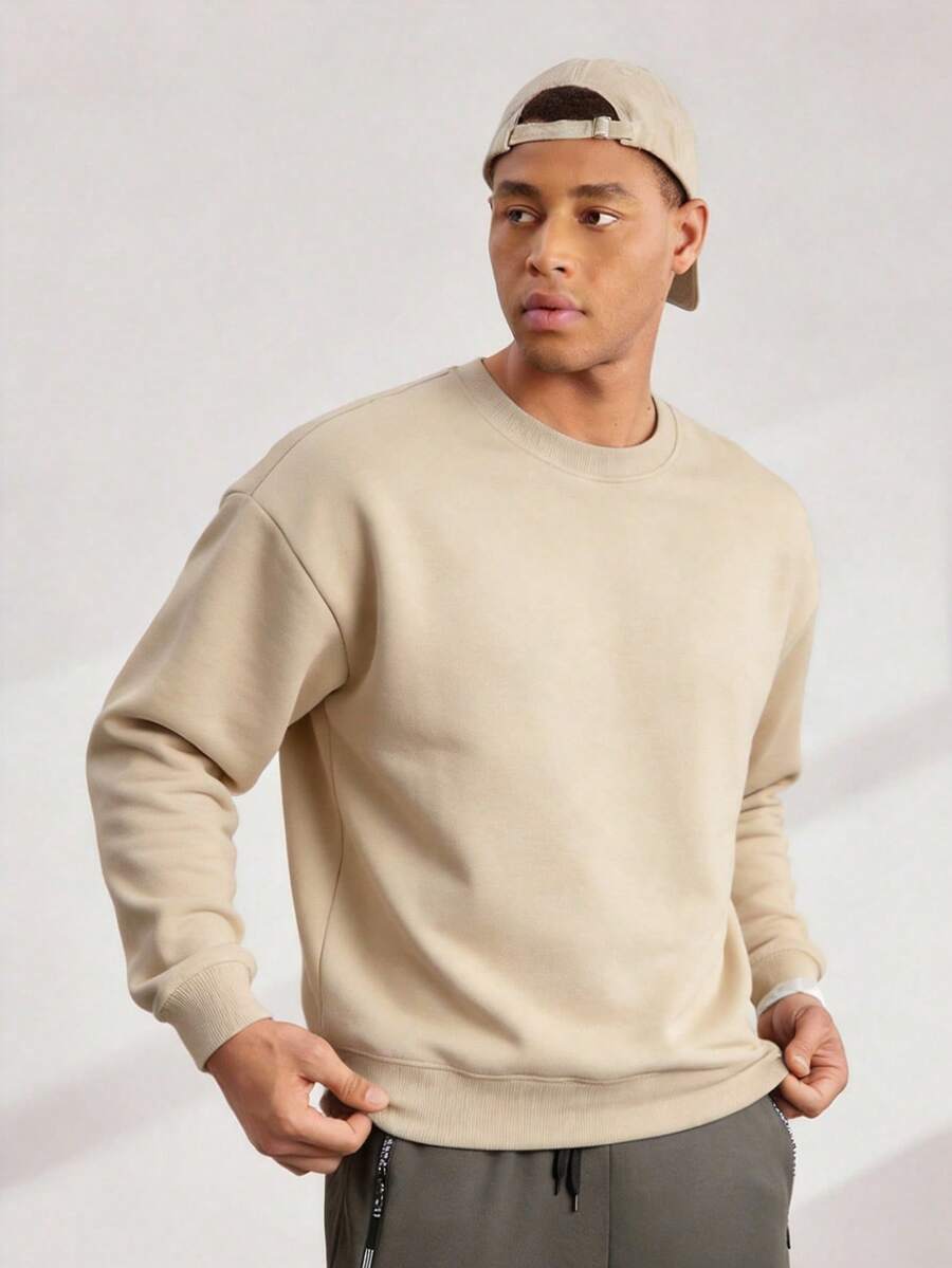 Driftmere Men's Casual Solid Color Crew Neck Sweatshirt, Spring And Autumn, Long Sleeve Top - Coffee Brown - View 1