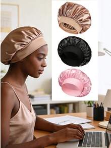 新款缎面丝绸睡帽 - 可调节双层双面宽檐超大号睡帽，配有柔软弹力带，男女通用，适合卷发/直发/辫发，可用于沐浴、居家美容化妆、睡眠护理和日常头巾，减少摩擦，防止毛躁，是送给妈妈的绝佳圣诞礼物，也是时尚的运动配饰。 - 彩色 - 查看 4