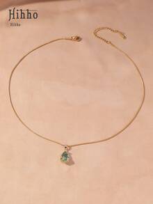 Hihho 1件简约时尚单颗锆石绿色水滴吊坠项链，女士镂空花卉设计蛇形链精致颈链，适合日常佩戴、节日和派对作为礼物 - 綠色 - 查看 2