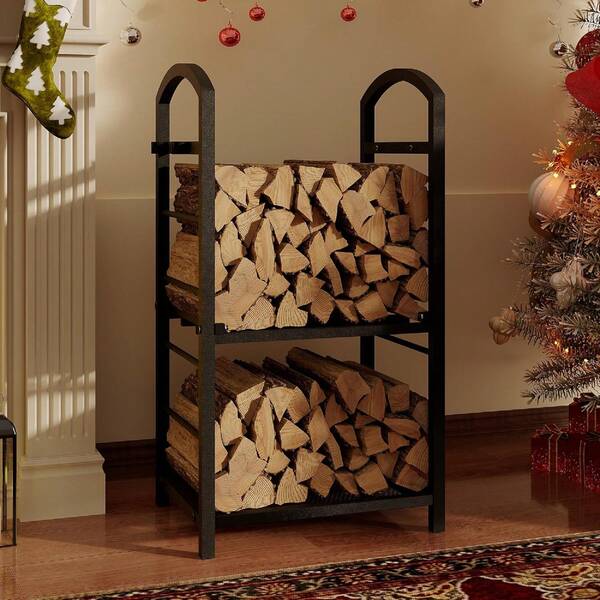 30 Inch High Firewood Rack Outdoor, Indoor Wood Rack For Firewood, Fire Wood Storage With Kindling Hooks, Heavy Duty Metal Logs Racks Storage Organizer For Fireplace Deck Outdoor, Black