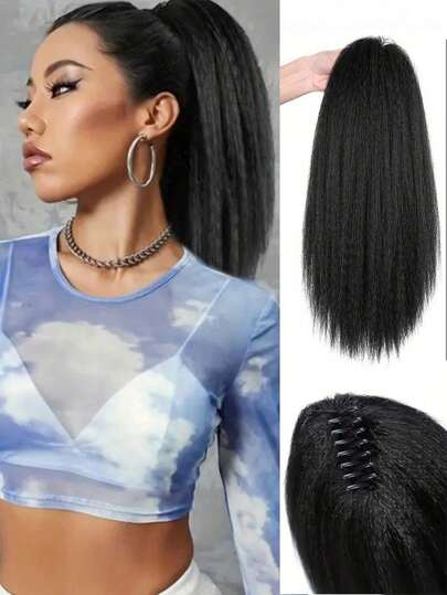 12英寸女士夹式直发自然高马尾假发，仿中长马尾假发，适合女士日常佩戴