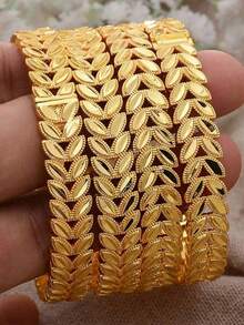 1/4pcs 24K Gold Plated Leaf Design Bangle, Middle Eastern Dubai Style Fashion Bracelet, Arabic & African Wedding Gift, Ramadan & Valentine's Day Gift - Yellow Gold - View 3