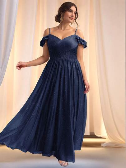 Elegant Floral Off-Shoulder Strap Navy Blue Bridesmaid Dress, Formal Evening Gown For Wedding
