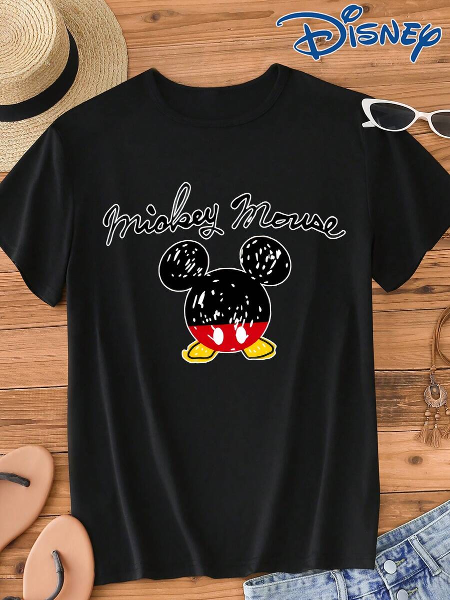 Disney 1pc Men's Mickey Mouse Cartoon Graphic Print Short Sleeve T-Shirt, Round Neck, Stretchy, Suitable For Daily Wear, Easy Care Material, Fashionable Casual Men's T-Shirt, Short Sleeve Tee - Black - View 1