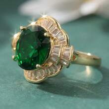 Nhẫn đá Cubic Zirconia màu xanh lá cây tổng hợp thời trang, phù hợp cho phụ nữ dự tiệc cưới, tiệc tùng, dạ hội, là phụ kiện trang sức đeo tay tinh tế. - Vàng - Xem 4