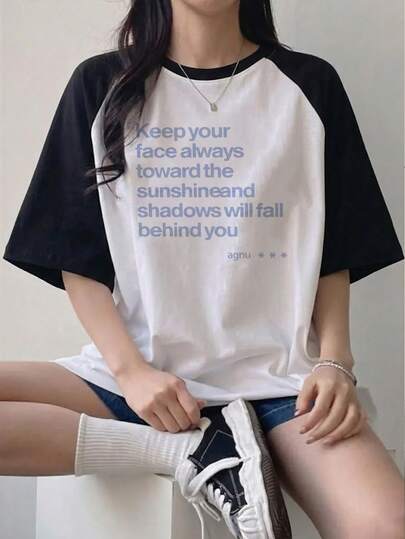 Women's Contrast Color Round Neck Casual Cartoon Letter Print Short Sleeve T-Shirt, Spring/Summer