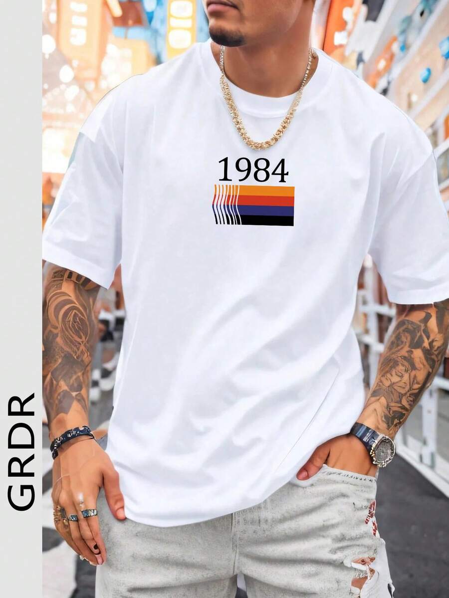 GRDR Áo thun nam tay ngắn cổ tròn in họa tiết văn hóa cổ điển, phong cách thường ngày. - trắng - Xem 1