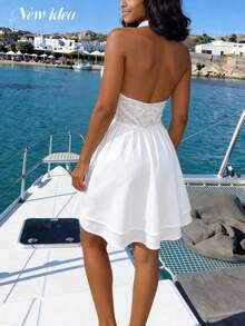 Women Elegant White Lace Halter Mini Dress, Deep V Neck High Waist Drawstring Design, Summer Hit, Suitable For Summer Beach Vacation Party - White - View 2