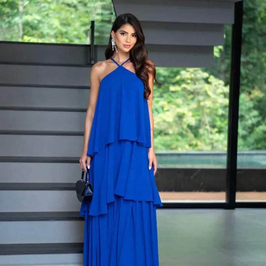 Sophisticated Long Party Dress Without Glitter, Suitable For Bridesmaids And Wedding Guests. - 寶藍色 - 查看 1