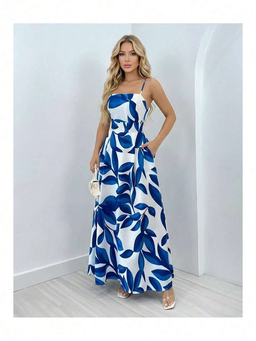 Women's Long Dress With Leaf Print, Crossed Straps, Casual, Summer, Tropical - 藍色 - 查看 1