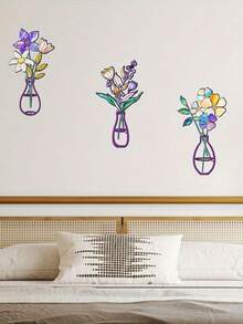 2D Plat, Decor de perete floral din lemn 3 buc, Artă florală Decorațiune florală, Aranjamente florale de perete Potrivite pentru camera de zi, baie, bucătărie, interior și exterior, Flori vibrante de primăvară Decor de cameră Acasă - Multicolor - Vizualizare 6