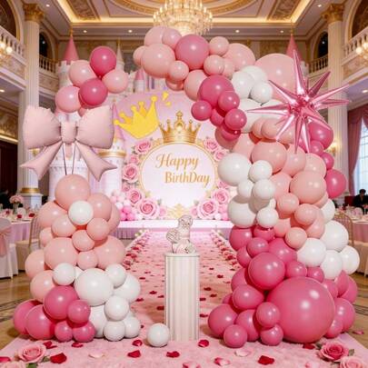 116pcs Pink Princess Theme Balloon Garland Arch Set, Pink Bow Balloons With Foil Explosion Balloons, For Dreamy Princess Theme Birthday, Wedding, Bridal Shower, Baby Shower And Anniversary Celebration