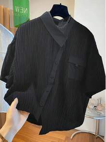 女士街头时尚不对称条纹短袖衬衫 黑色 夏季 - 黑色 - 查看 1