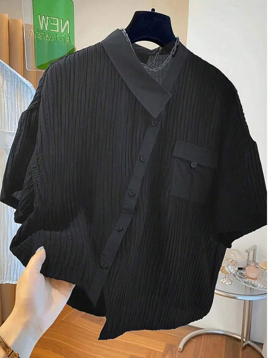 女士街头时尚不对称条纹短袖衬衫 黑色 夏季 - 黑色 - 查看 1