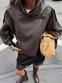 Seelio秋冬新款女装时尚皮衣外套，简约欧式风，百搭荔枝纹 - 棕色 - 查看 5