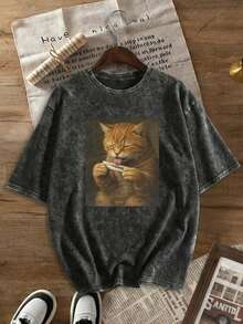 大码女式趣味猫咪印花T恤，可爱独特设计，幽默吸睛，街头风，水洗棉T恤，圆领，黑色，短袖，大码女式日常穿着，雪花图案面料，复古做旧T恤，大码女装，春夏休闲款 - 黑色 - 查看 3