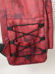 1pc Red & Black Ombre Star Print Nylon Large Capacity Zipper Closure Backpack, Retro American Style For Students & Commute - Burgundy - View 9