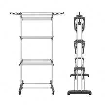LIVINGANDHOME Grey 3-Tier Foldable Rolling Clothes Drying Rack With Shoe Storage, Metal And PP Material, Space Saving Laundry Organiser - Gray 76cm W X 50cm D X 170cm H - View 2