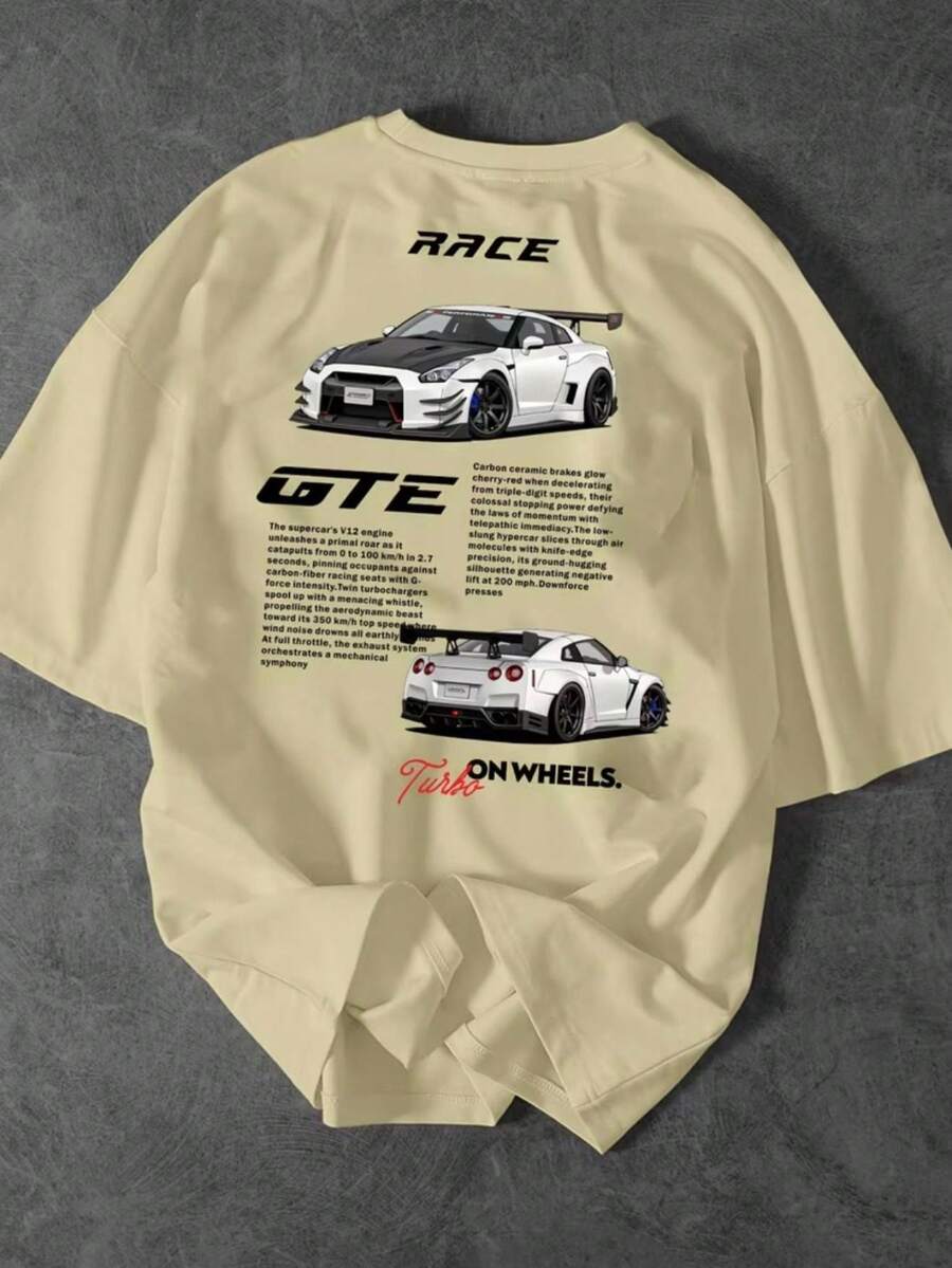Men's Race T-Shirt With Front And Back Print, 100% Cotton, Spring/Summer Fashion Blouse - Khaki - View 1