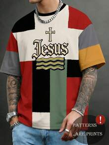 Camiseta de manga corta con estampado de retazos vintage para hombre, camiseta de cuello redondo con cruz de Jesús y fe, uso casual diario - Multicolor - Ver 1